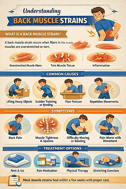 Back muscle strain infographic showing causes symptoms and treatment options